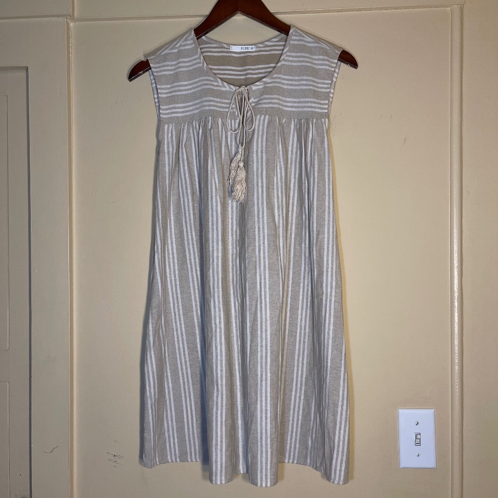 Linen Striped Sleeveless Dress with Tassel Tie